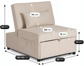 Fotel Wypoczynkowy Rozkładany IBERIS 80 cm Beżowy Tapicerowany Nowoczesny