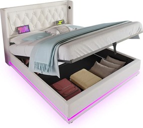 Łóżko tapicerowane dwuosobowe ze schowkiem - 180 x 200 cm - z zagłówkiem + portem USB + oświetleniem LED + hydraulicznym schowkiem - Bawełna - białe