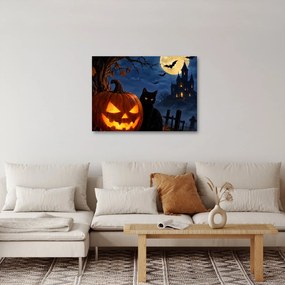Obraz - Czarny kot przy świecącej dyni na Halloween (70x50 cm)