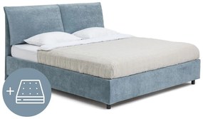 Niebieskie tapicerowane łóżko dwuosobowe ze schowkiem z materacem i stelażem 160x200 cm Myra Pillow – Bonami Selection