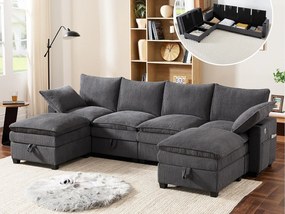 Nowoczesna kanapa - 4-osobowa - Wyjmowany podnóżek - Porty USB - Schowki + Uchwyt na kubki - ​​Szary​