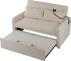 Beżowa, szenilowa, rozkładana sofa 2-osobowa z portem USB i uchwytem na telefon – do salonu i sypialni