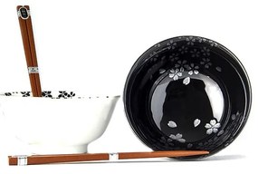 Zestaw 2 czarno-białych ceramicznych misek i pałeczek MIJ Sakura