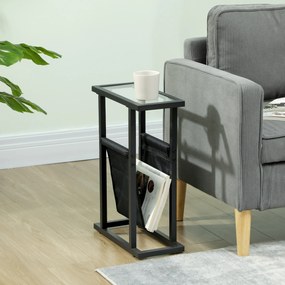 HOMCOM Metalowy stolik pomocniczy z torbą z tkaniny i blatem ze szkła, wąski stolik do salonu, sypialni, Czarny