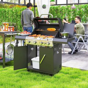 Outsunny Grill gazowy 12 KW na wózku z 5 palnikami bocznym palnikiem kółkami pokrywą termometrem bocznymi półkami 135 x 54 x 110 cm