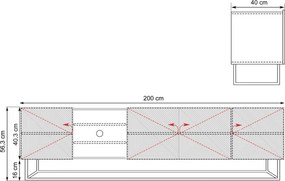 Szafka RTV Asha 200 cm ryflowana z wnęką i metalowym stelażem - czarny mat