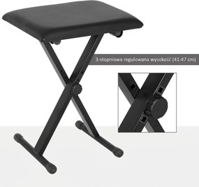 HOMCOM Stołek fortepianowy z regulacją wysokości Składany taboret do pianina Metal Sztuczna skóra Czarny 39 x 29 x 45–51 cm | Aosom PL