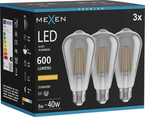 Mexen Vintis 3x żarówka filament LED E27, ST64, 8W, Ciepła - 2200K, 600 lm, smoke - L152-E27-0822-70x03