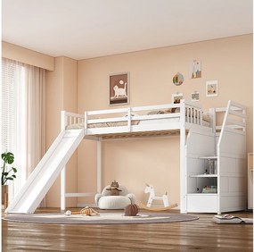 Łóżko piętrowe dla dzieci - 90 x 200 cm - ze schodkami do przechowywania i zjeżdżalnią - drewniane - białe