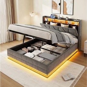 Łóżko hydrauliczne ze schowkiem - 160 x 200 cm - z diodami LED + kieszenie boczne + USB/Typ-C + zagłówek ze schowkiem - welur - ciemnoszary