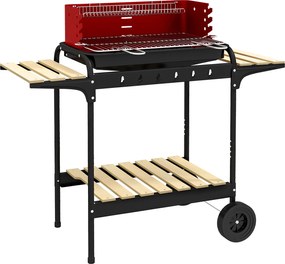 Outsunny Grill węglowy z metalu BBQ Smoker na kółkach, ruszt regulowany na wysokość, drewniana półka 103x47x95 cm Czerwony
