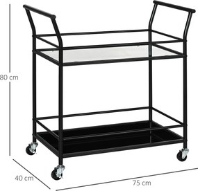 Wózek kuchenny HOMCOM z 4 kółkami, 2 półki i uchwytami, 75 cm x 40 cm x 80 cm, Czarny