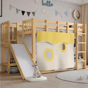 Łóżko piętrowe 90 x 200 cm – z zasłonkami i zjeżdżalnią – naturalne – materac nie jest wliczony w cenę