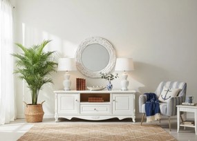 Stylowa szafka pod telewizor Anastasia, w kolorze ecru, wymiary 160x60 cm. Szafka rtv ma cokół z motywem róży, ornamentowe gałki. Francuski styl, kolekcja La Perle.