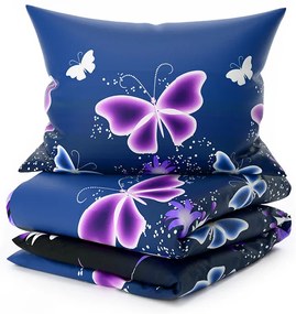 PrzytulneMieszkanie.pl PrzytulneMieszkanie.pl PrzytulneMieszkanie.pl Zestaw 2 sztuk pościeli z mikropluszu VIOLET BUTTERFLY ciemnoniebieskie + prześcieradło z mikropluszu SOFT 180x200 cm białe, podwójne łóżko