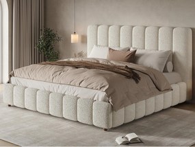 Tapicerowane łóżko z pojemnikiem 180x200cm - z stelażem lamelowym - Tkanina bouclé - Biały​ (bez materaca)