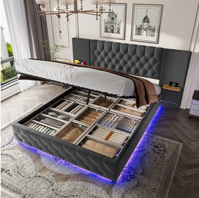 Łóżko tapicerowane ze schowkiem - 160 x 200 cm - z szerokim wezgłowiem + diody LED + port USB - schowek hydrauliczny - aksamit - szary