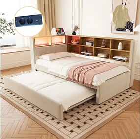 Łóżko dzienne 90 x 200 cm - Łóżko wysuwane 90 x 190 cm z oświetleniem LED i dużą ilością miejsca do przechowywania - beżowa flanela