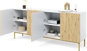 Komoda Nicole 200 cm czterodrzwiowa - biały / dąb artisan / złote nóżki