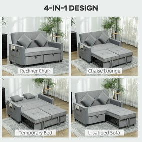 HOMCOM Sofa 4 w 1, regulowana sofa, sofa łóżko, z poduszkami, obicie z tkaniny, do salonu, sypialni, szara