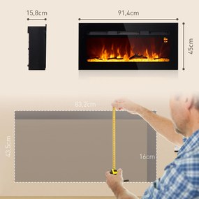 HOMCOM Elektryczny Kominek ścienny z pilotem, sztuczne polana i kryształy, 1800W, Czarny