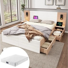 Łóżko dla dorosłych 140x200 cm - z zagłówkiem, gniazdem USB, 2 szufladami, stelażem - kolor biały i jasny dąb - materac nie jest wliczony w cenę