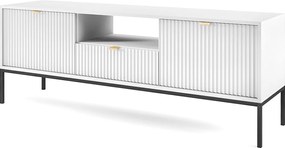 Stolik RTV Geriffelt NOVA, złote uchwyty, 2 drzwi, szuflada, półka, 154x56x39cm, czarna fasada, rama biała