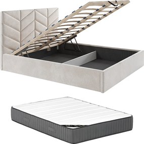 Łóżko ze skrzynią 180 x 200 cm - Tkanina teksturowana - Kremowy + Materac - JUSTANI