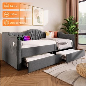 Łóżko tapicerowane 90 x 190 cm z ładowaniem USB typu C i 2 szufladami, sofa rozkładana - Tkanina lniana - Szary