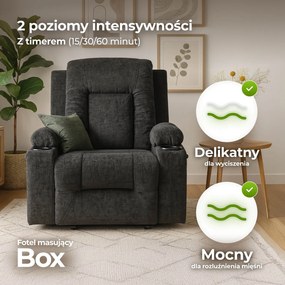 Fotel Masujący BOX Rozkładany Wypoczynkowy z Podnóżkiem Czarny Welurowy Nowoczesny