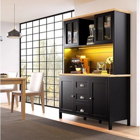 Wysoka komoda kuchenna - 120 x 40 x 179 cm - z diodami LED + 4 drzwi + 3 szuflady + półka - MDF + metal - czarna