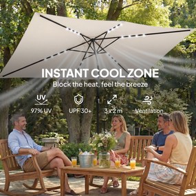 Outsunny Parasol LED Solarny ok. 300 x 200 cm regulowany Parasol Balkonowy z Korbką Pokrowiec UV Ochrona Obracany Kremowy | Aosom PL