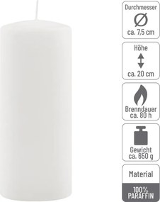 Zestaw świec słupkowych, 20 cm, Ø 7,5 cm, biały, 2 szt.