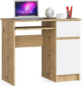 Biurko komputerowe AKORD PIKSEL Dąb Artisan 90 cm prawe 1 drzwi 1 szuflada kolor Biały mat 3 półki 90x50x77 cm