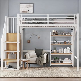 Łóżko piętrowe z żelaza - 90 x 200 cm - z półką do przechowywania + szafa narożna - żelazo + płyta MDF - białe + naturalne