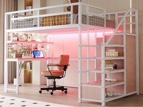 Łóżko mezzanine 140x200 cm - z oświetleniem LED i gniazdkami - z drabinką z miejscem do przechowywania - z szafą - przechowywanie i stolik - biały