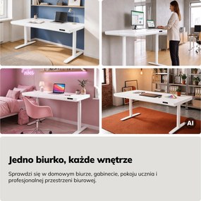 Biurko elektryczne sit-stand z szufladą i ładowarką bezprzewodową Qi białe, 1600 mm: ELLIS