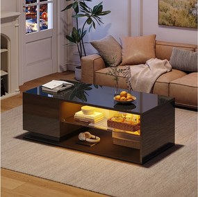 Czarny prostokątny stolik kawowy - Stolik pomocniczy z oświetleniem LED i 1 drzwiczkami - otwarta przestrzeń do przechowywania - do salonu
