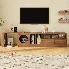 Szafka RTV obrotowa - 180(+80) x 40 x 51,5 cm - z miejscem dla kota + drzwi - MDF - naturalna