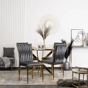 Zestaw Stół Okrągły SALLO 110 cm i 4 Krzesła Tapicerowane Plecione DAN Szare Glamour