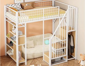 Łóżko mezzanine 90x200 cm - Łóżko metalowe - z przechowywaniem - ze schodami - z barierkami bezpieczeństwa - Biały (materac nie jest w zestawie)