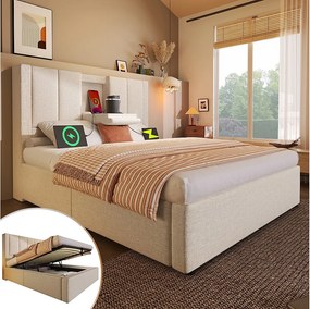 Łóżko tapicerowane z pojemnikiem na pościel - 90 x 200 cm - z ukrytym uchwytem na kubek i stacją ładującą - len - beż
