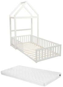Łóżko domek 90 x 190 cm - Drewno sosnowe i MDF - Biały + Materac - VARLAINE