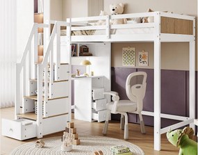 Łóżko mezzanine z drewna - 90x200 cm - z biurkiem, półkami i schodami do przechowywania - Białe