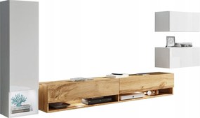 Meblościanka 4-elem. – wiszący zestaw RTV 180 cm, słupek, 2 szafki, biały połysk + wotan