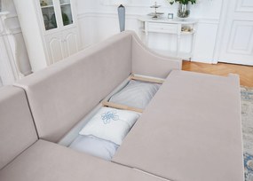 Narożnik rozkładany do salonu Notting Hill, z pojemnikami na pościel. Tkanina Matt Velvet odporna na wchłanianie płynów, kolor beżowy, błękitny, z kedrą.