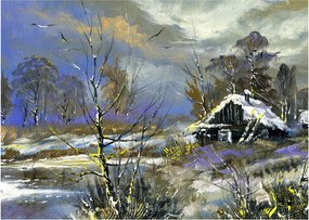 Obraz chaty w zimowym krajobrazie, obraz olejny (70x50 cm)