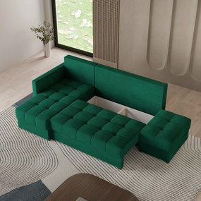 Masseno Narożnik LUMARI z funkcją spania i pojemnikiem na pościel Narozniki L, Rozkładana sofa - Butelkowa zieleń, KRONOS 19
