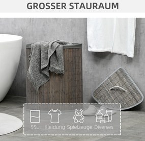 HOMCOM 55 L Kosz na pranie z pokrywą i uchwytami, Sorter prania z wyjmowanym workiem dla łazienki, Bambus, Szary