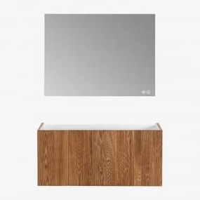 Zestaw Mebli Łazienkowych Z Drewna Z Wbudowaną Umywalką Fiore Ciemna Czerń & Prostokątny Led I Przeciwmgielny 120x90 Cm Riben & Bez Kranu - Sklum